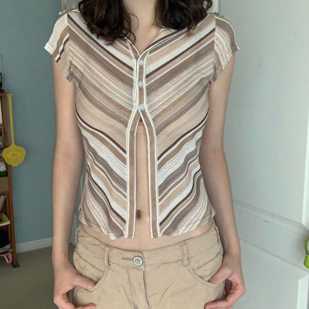 tan & brown sheer striped 3-button open collared short sleeve top by younique